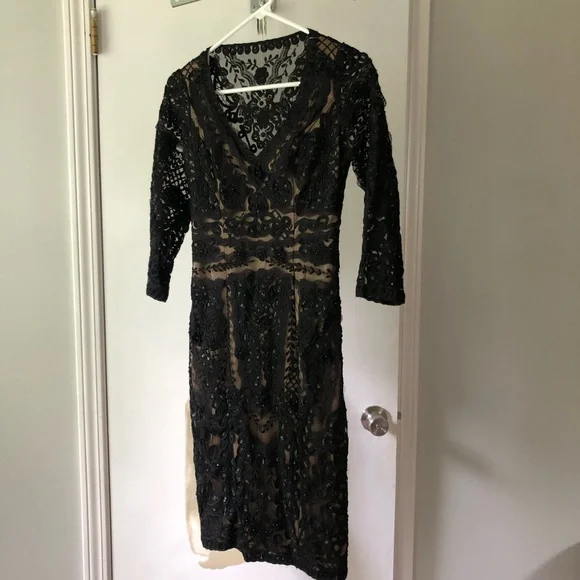 Sue Wong | Dresses | Sue Wong Nocturne Dress Womens Black Nude Embroidered  Lace Overlay 34 Sleeve | Poshmark